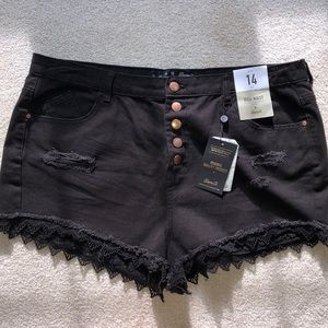 High waisted button up black jean shorts